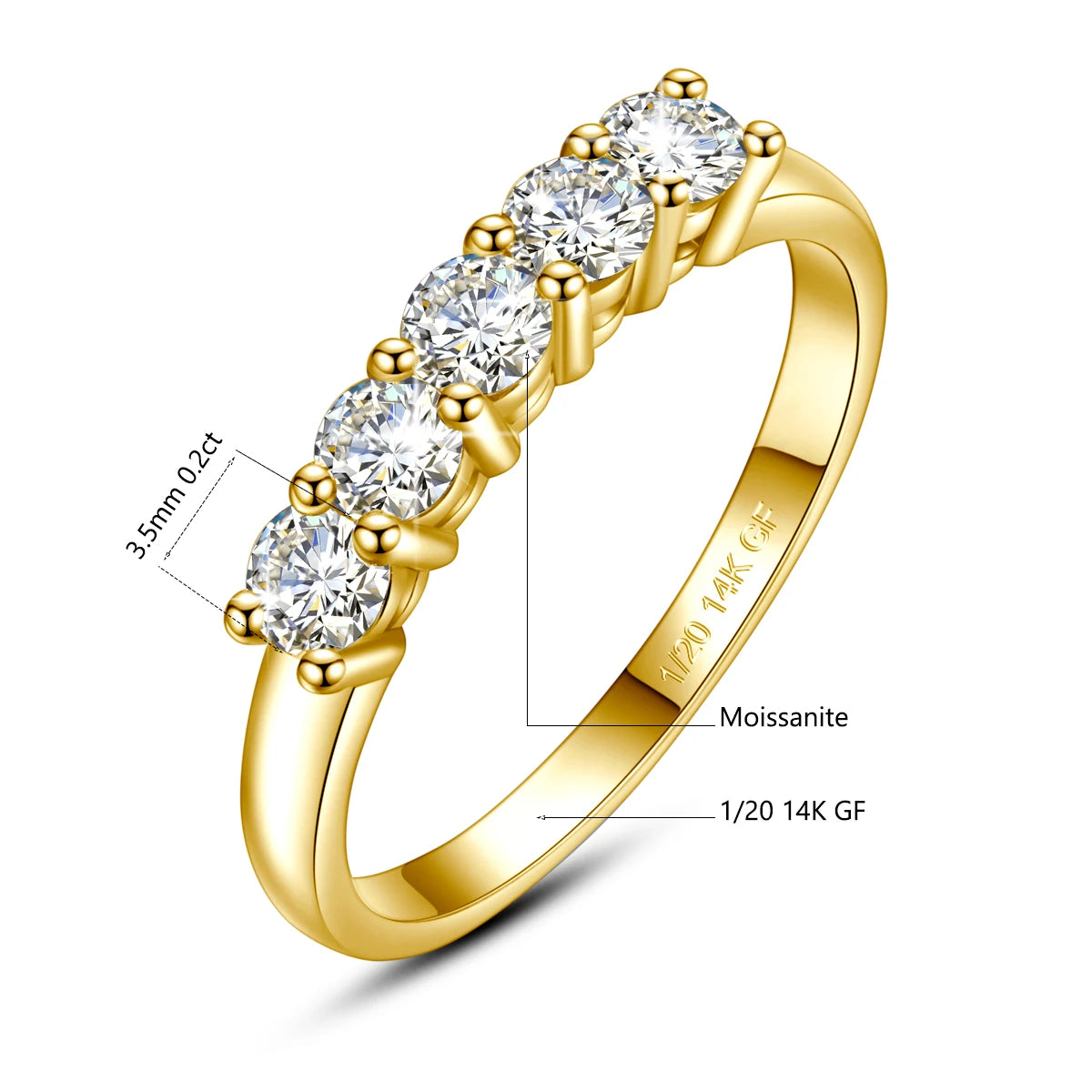 Real 14K Gold Filled Stacking Ring Five Stone Moissanite Wedding Band Finger Jewelry Accessories Anti fading Waterproof